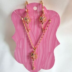 Elegant Gold Plated Key Pendant Necklace and Earring Set